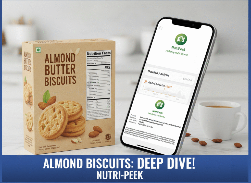 NutriPeek app scanning a box of Almond Butter Biscuits